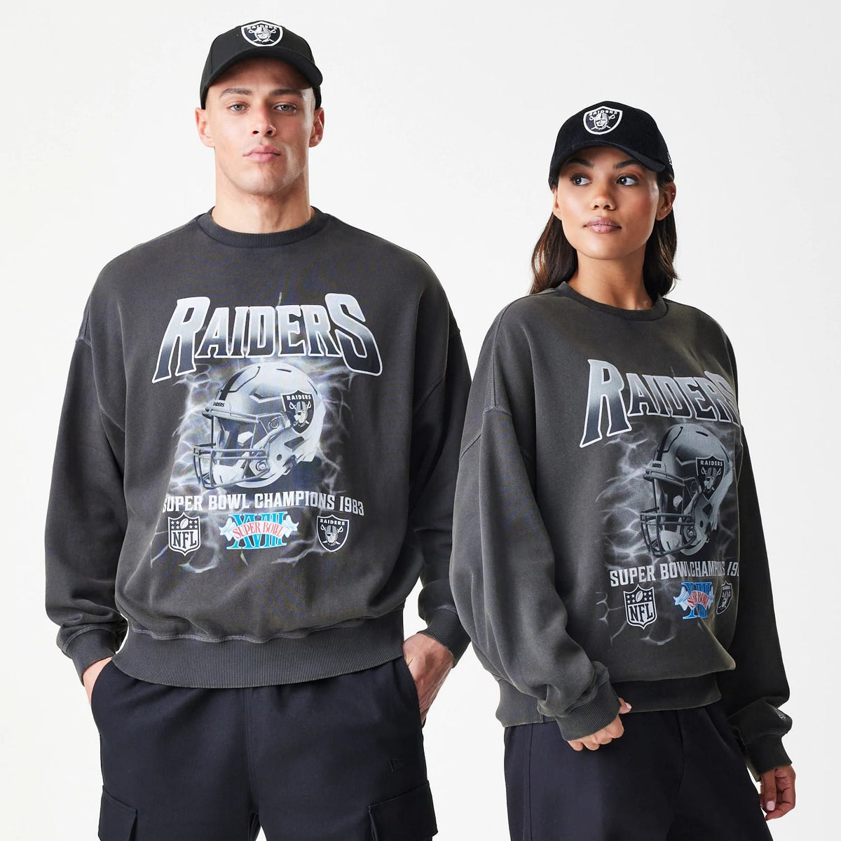 Las Vegas Raiders NFL Washed Boxy Dark Grey Oversized Crew Neck Sweater-klyvox