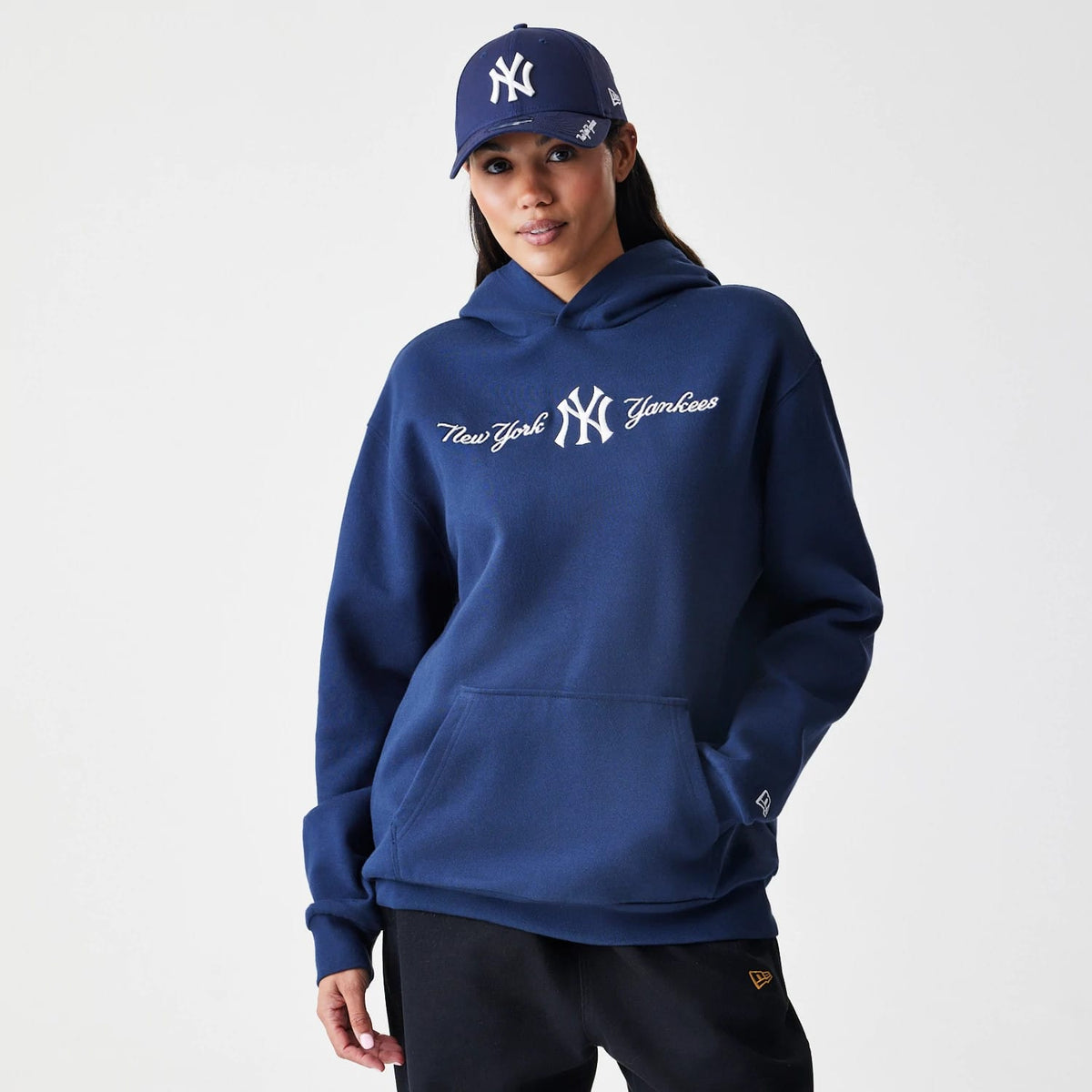 New York Yankees MLB Script Navy Oversized Pullover Hoodie-klyvox