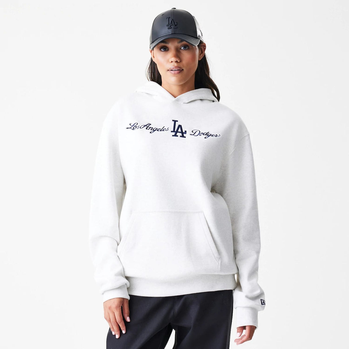 LA Dodgers MLB Script White Oversized Pullover Hoodie-klyvox