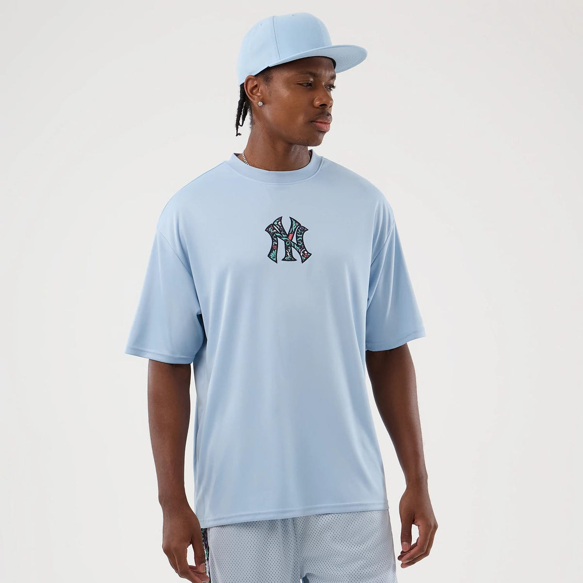 New York Yankees MLB Mesh Infill Pastel Blue Oversized T-Shirt-klyvox