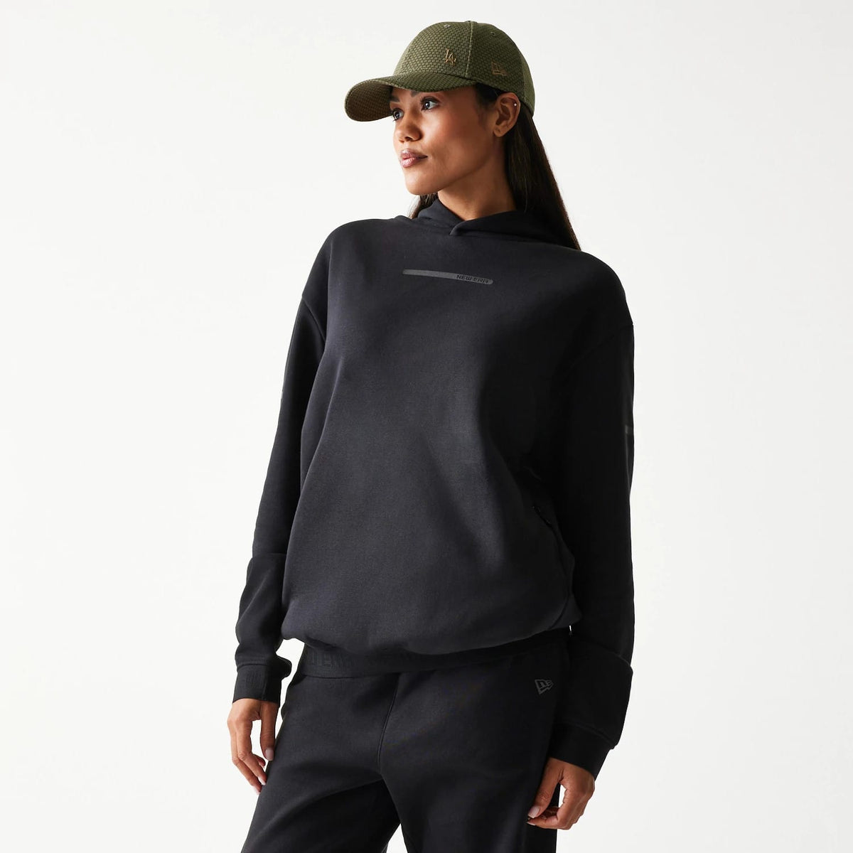 New Era Tech Black Oversized Pullover Hoodie-klyvox