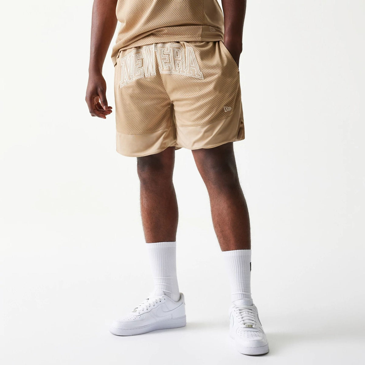 New Era Mesh Graphic Light Beige Oversized Shorts-klyvox