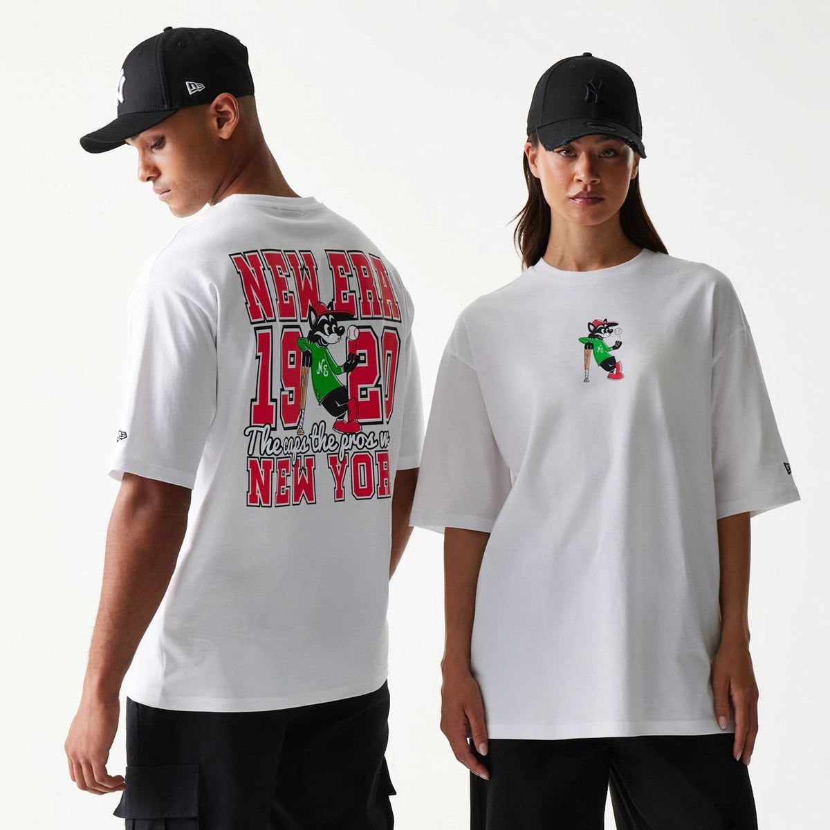 New Era Baseball Cat Character Graphic White Oversized T-Shirt-klyvox