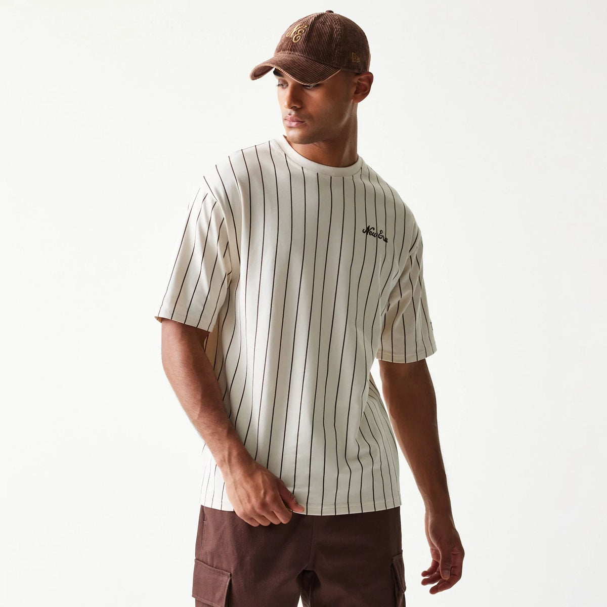 New Era Pinstripe Light Beige Oversized T-Shirt-klyvox