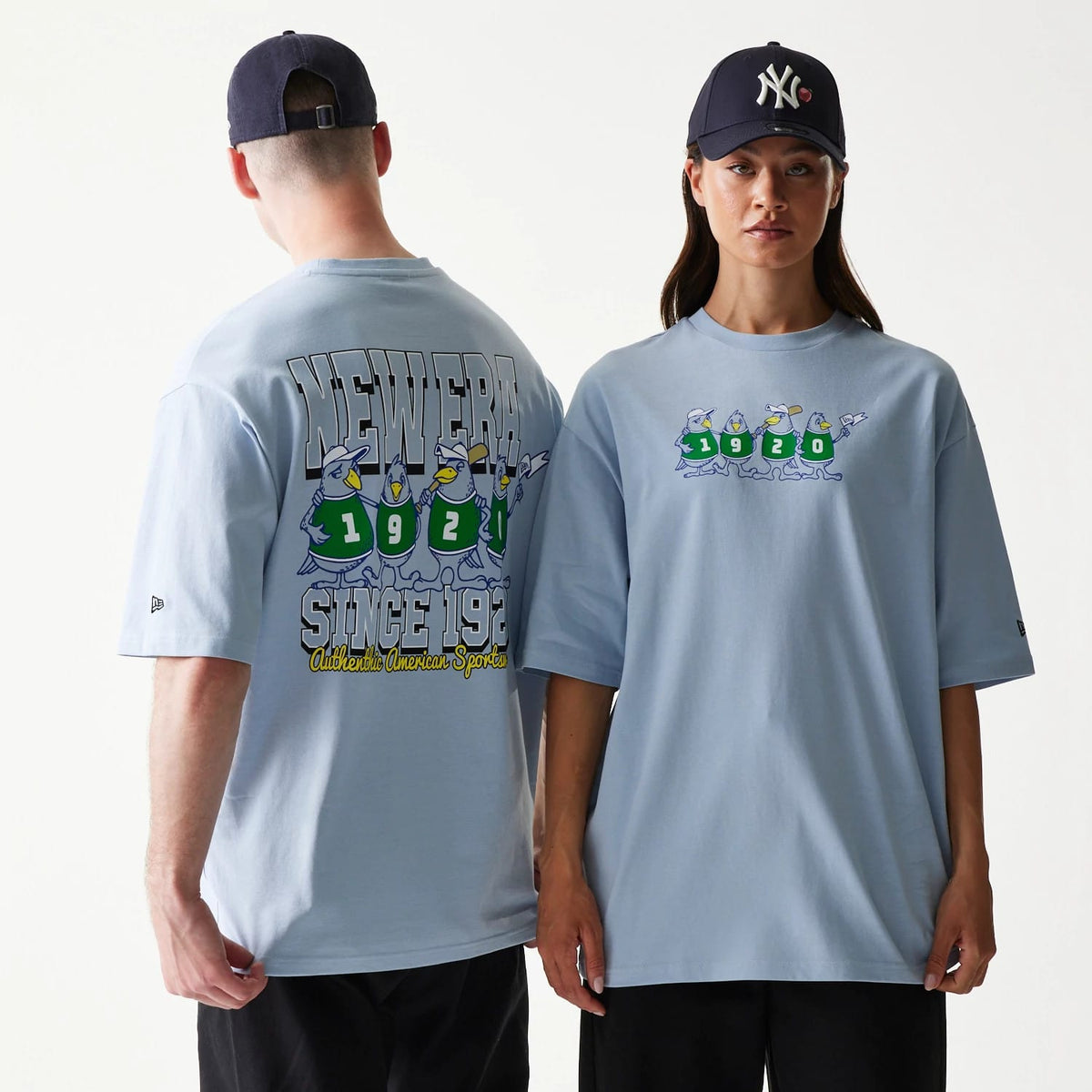 New Era Baseball Birds Character Graphic Blue Oversized T-Shirt-klyvox