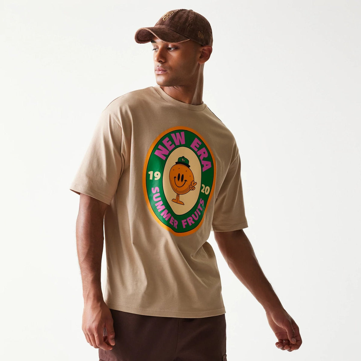 New Era Orange Fruit Graphic Light Beige Oversized T-Shirt-klyvox