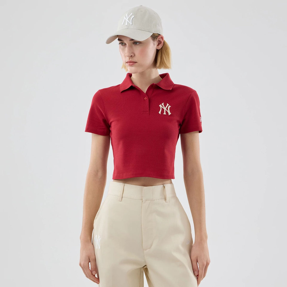 New York Yankees Womens MLB Dark Red Cropped Slim Polo T-shirt-klyvox