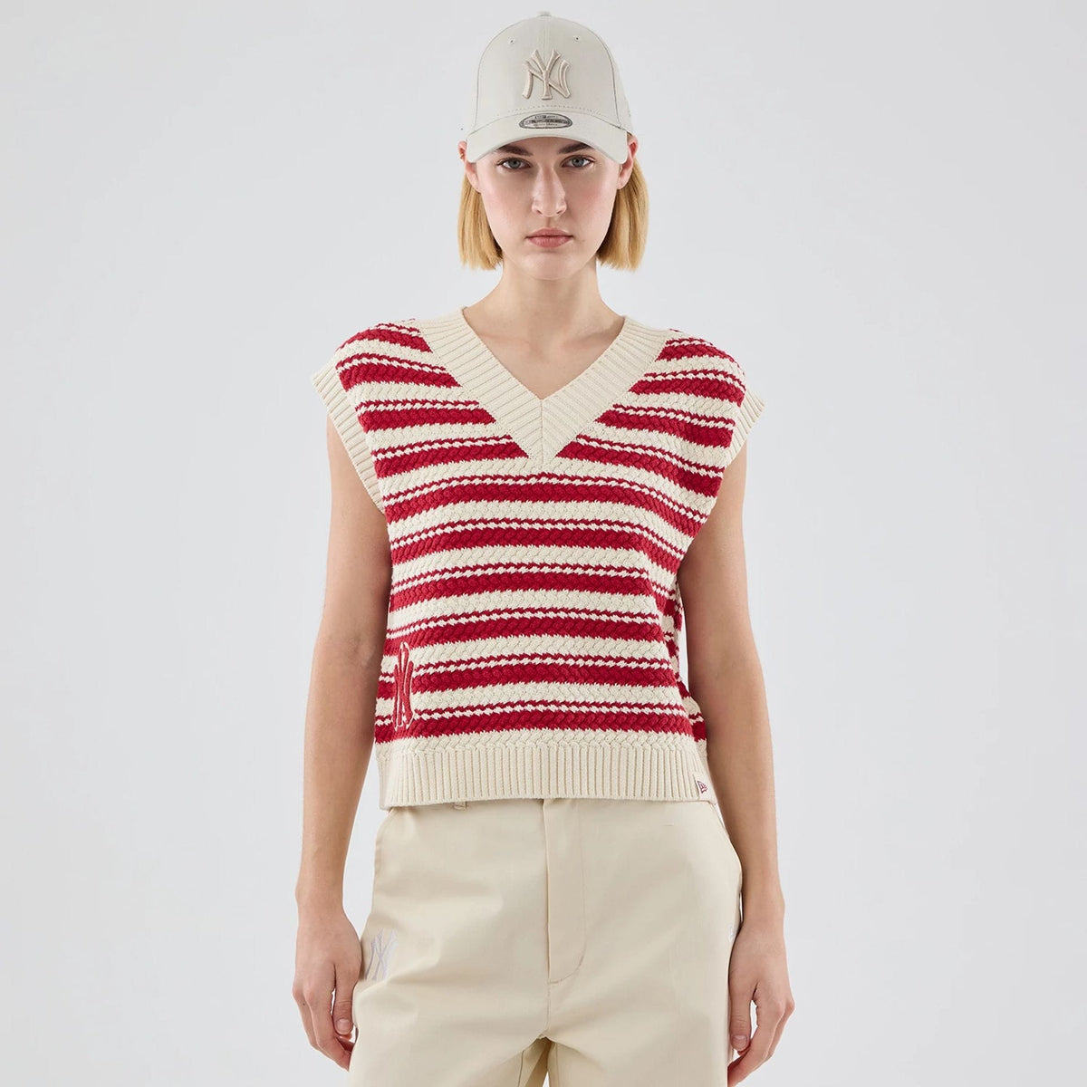 New York Yankees Womens MLB Knit Stripe Dark Red Sleeveless V-neck Sweater-klyvox