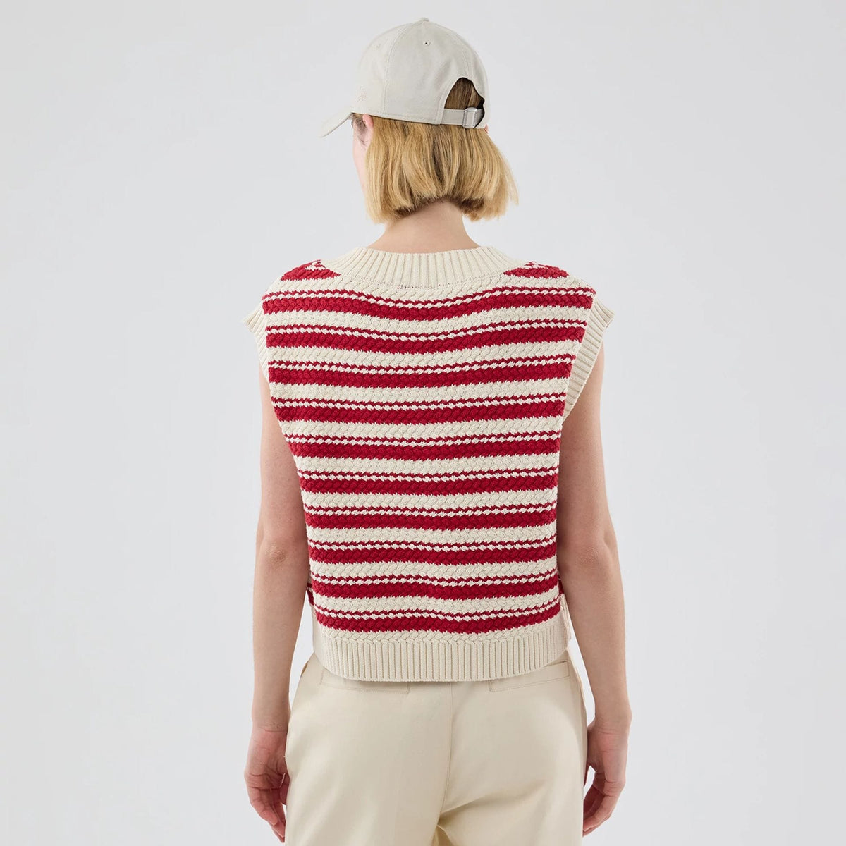New York Yankees Womens MLB Knit Stripe Dark Red Sleeveless V-neck Sweater-klyvox