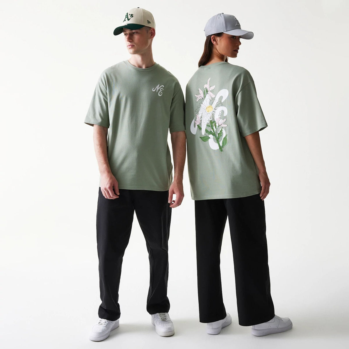 New Era Floral Graphic Pastel Green Oversized T-Shirt-klyvox