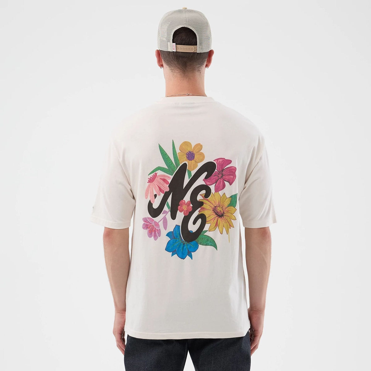 New Era Floral Graphic Open White Oversized T-Shirt-klyvox