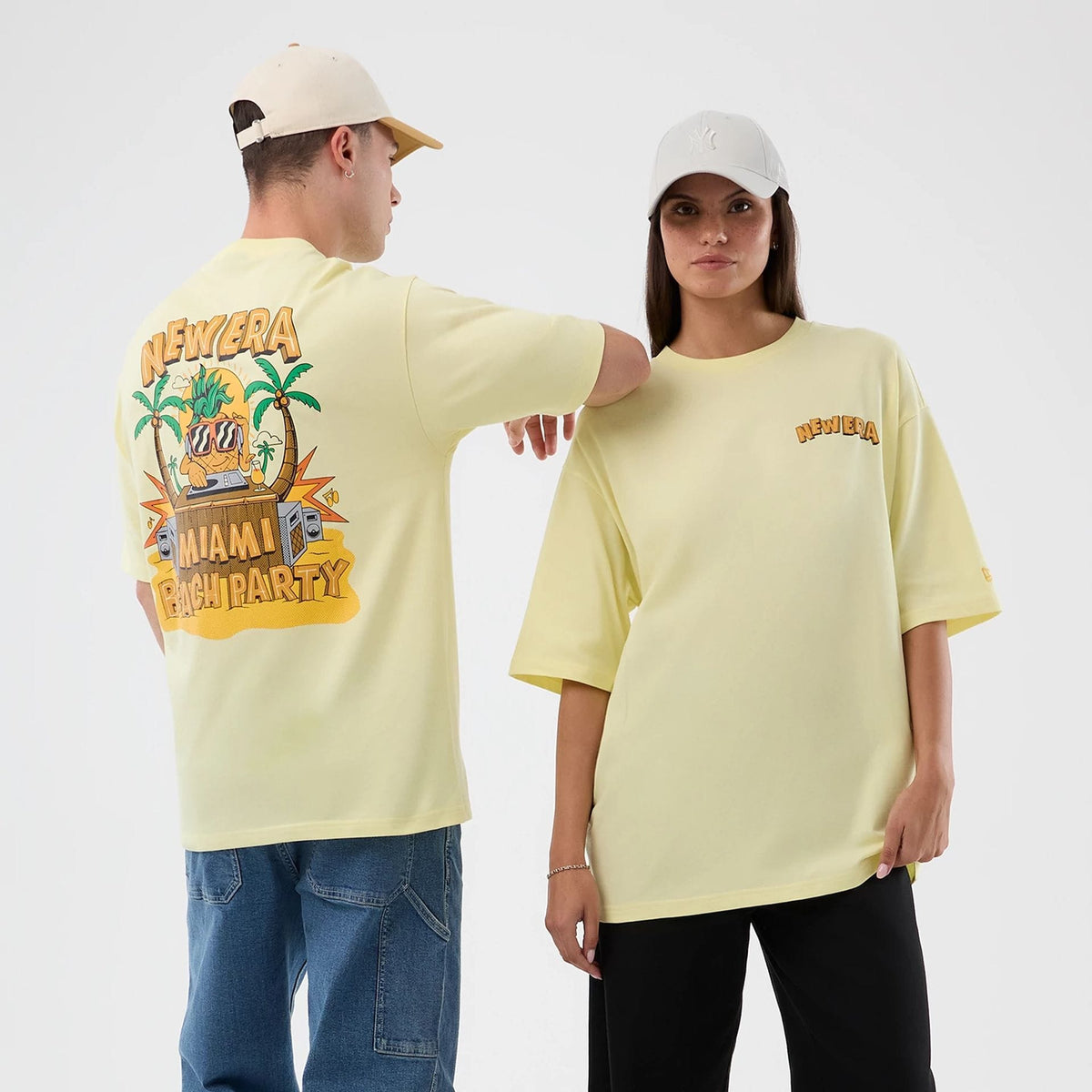 New Era Fun Beach Party Graphic Pastel Yellow Oversized T-Shirt-klyvox