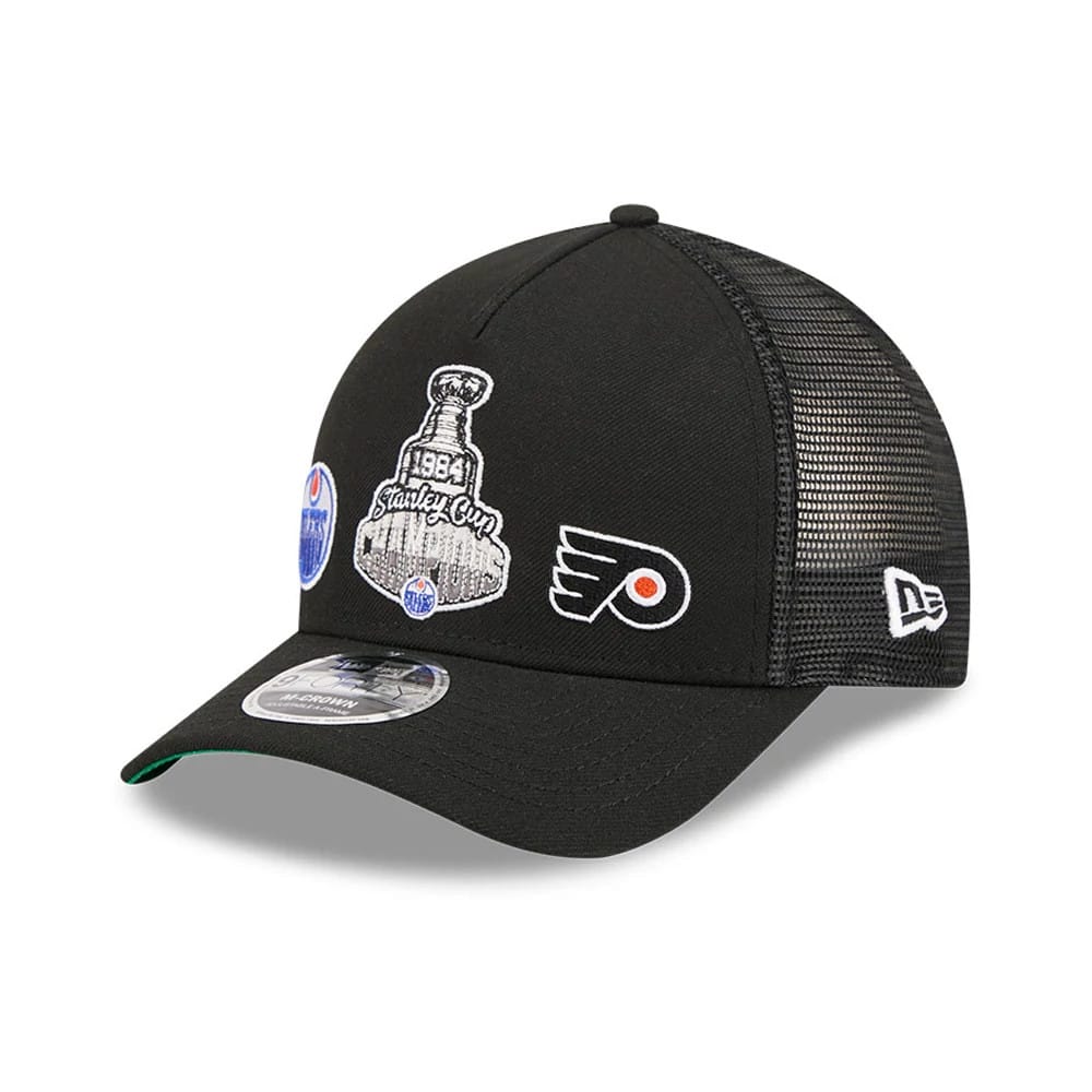 Oilers NHL Stanley Cup Black 9FORTY M-Crown A-Frame Trucker Adjustable Cap-klyvox
