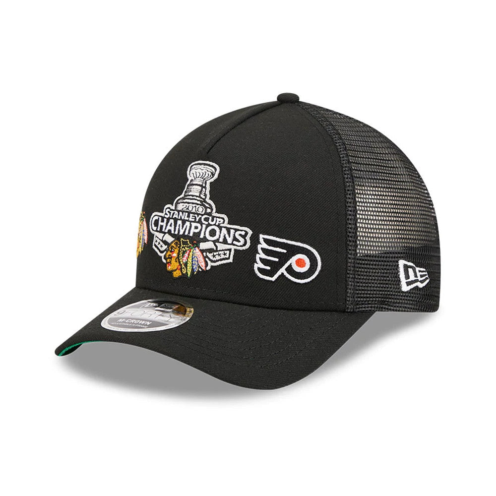 Blackhawks NHL Stanley Cup Black 9FORTY M-Crown A-Frame Trucker Adjustable Cap-klyvox
