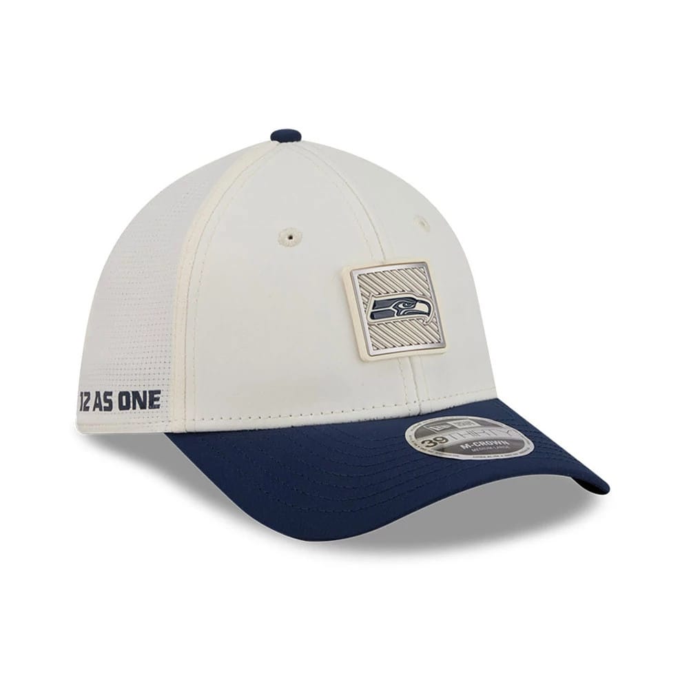 Seattle Seahawks NFL Training 2026 White 39THIRTY M-Crown Stretch Fit Cap-klyvox