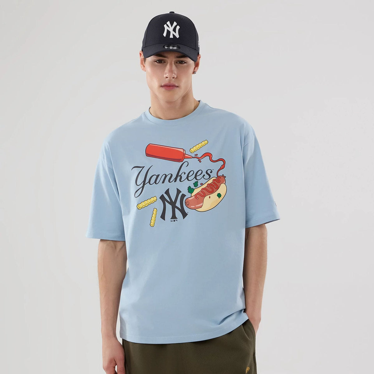 New York Yankees MLB Food Graphic Pastel Blue Oversized T-Shirt-klyvox