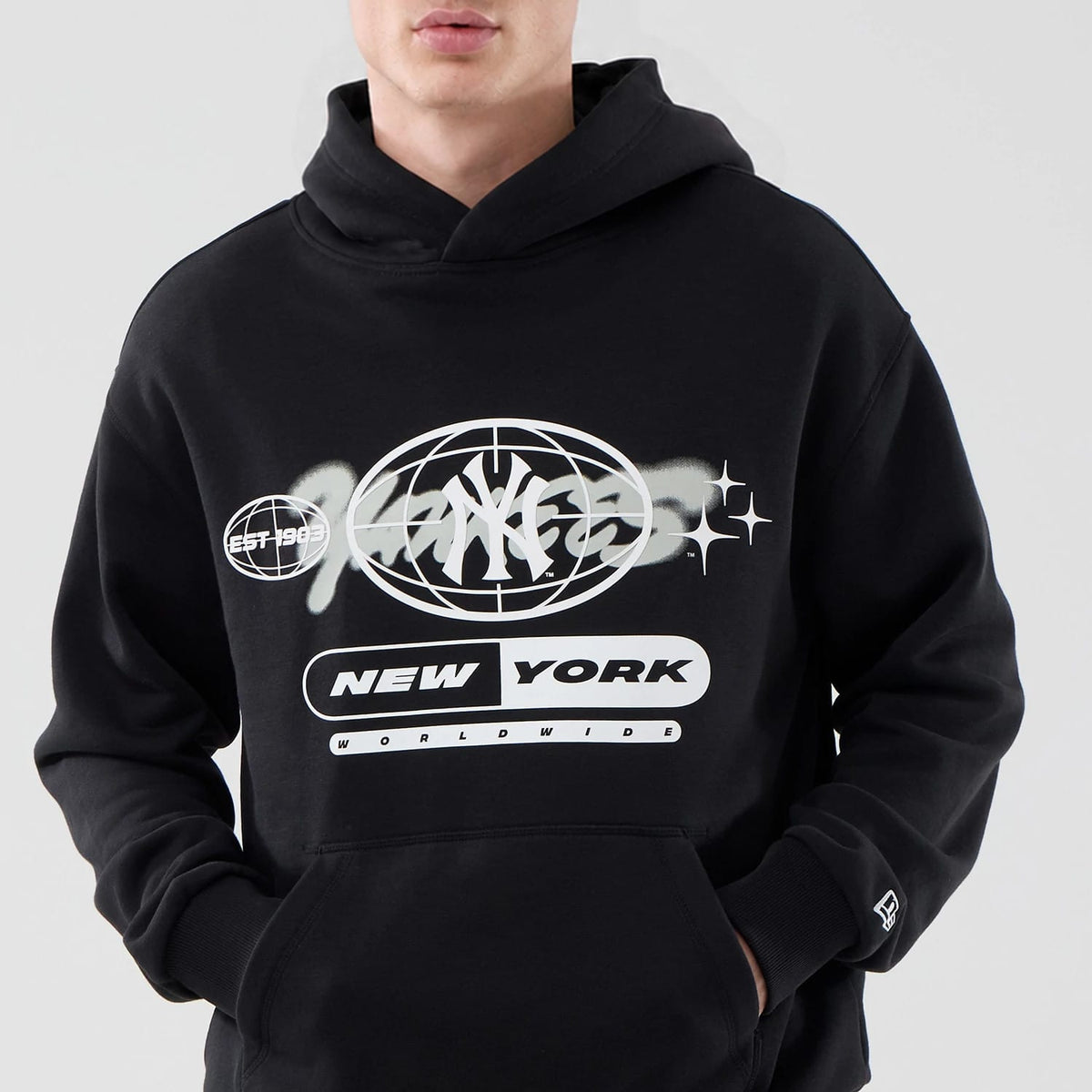 New York Yankees MLB Logo Graphic Black Oversized Pullover Hoodie-klyvox