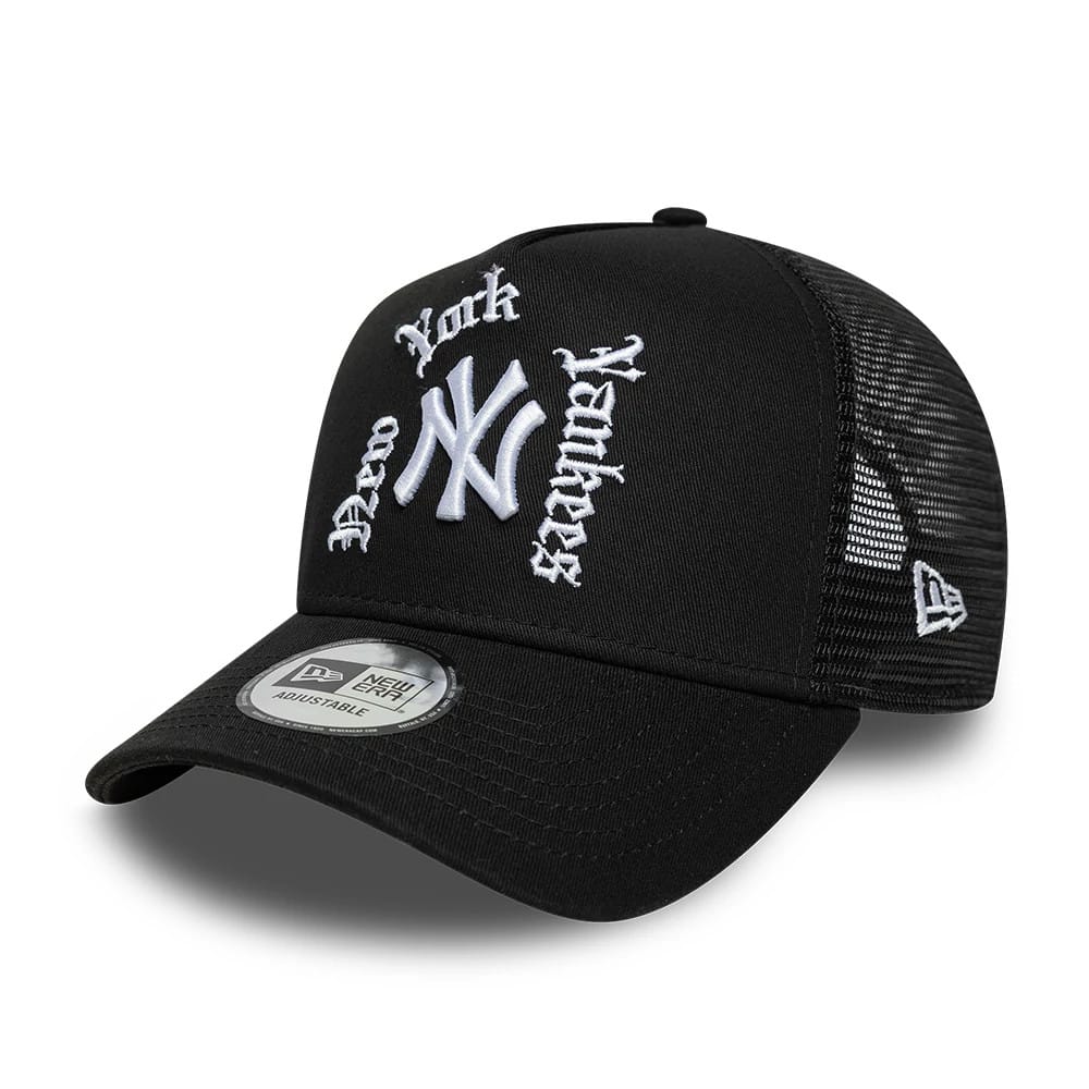 New York Yankees MLB Script Black 9FORTY A-Frame Trucker Adjustable Cap-klyvox