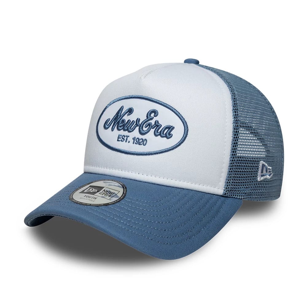 Youth New Era Oval Patch Blue 9FORTY A-Frame Trucker Adjustable Cap-klyvox