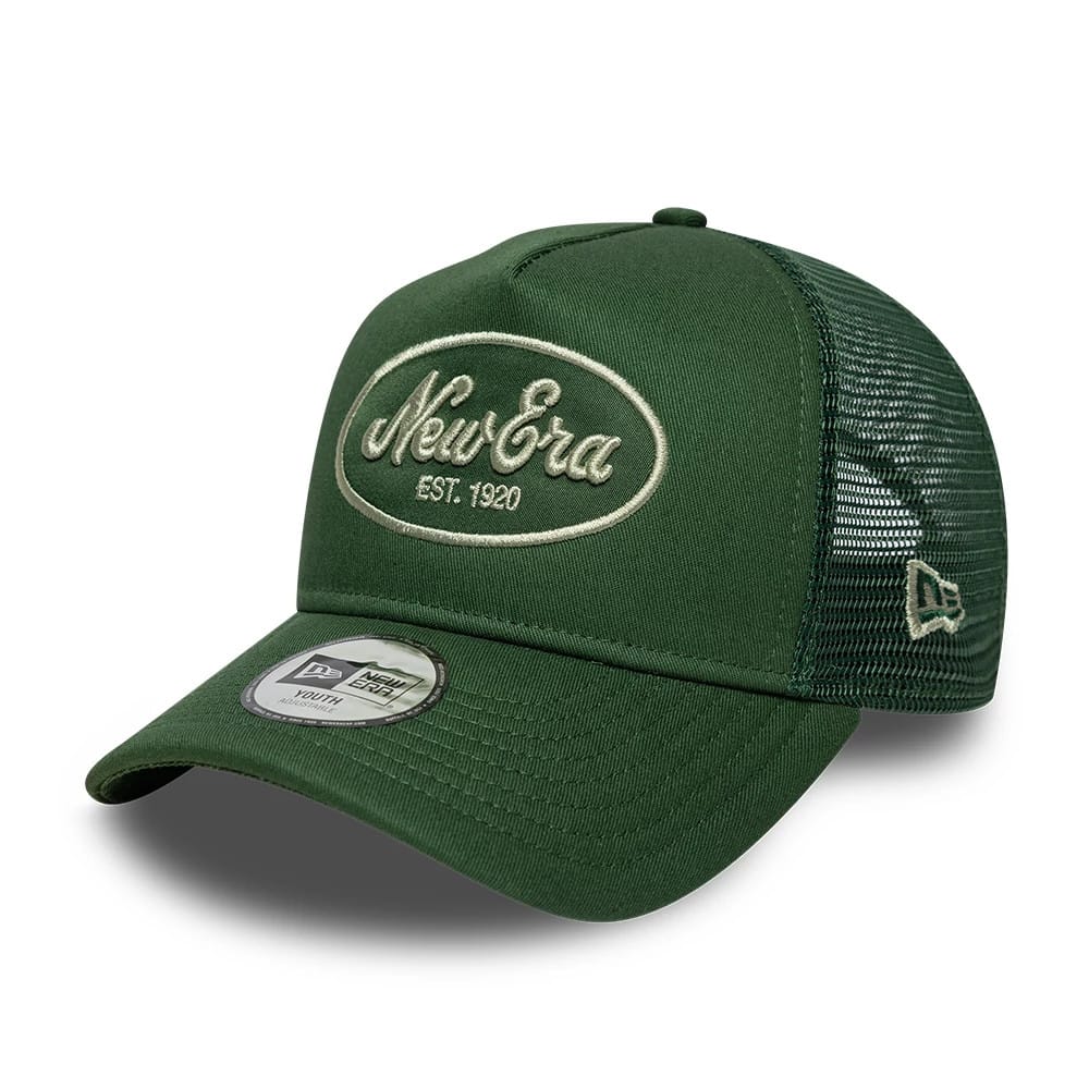 Youth New Era Oval Patch Dark Green 9FORTY A-Frame Trucker Adjustable Cap-klyvox