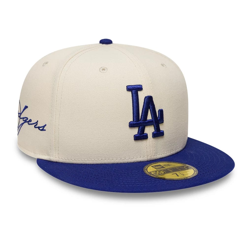 LA Dodgers MLB Side Script Cream & Blue 59FIFTY Fitted Cap-klyvox