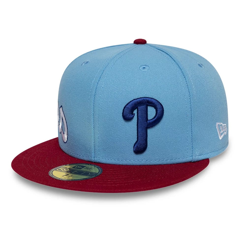 Philadelphia Phillies MLB Multi Logo Satin Lined Pastel Blue 59FIFTY Fitted Cap-klyvox
